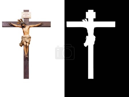 Photo for Jesus Christ on the cross with a sign in Latin with the text "IESUS NAZARENUS REX IUDAEORUM" which means Jesus of Nazareth, King of the Jews, isolated on white background with clipping mask and path - Royalty Free Image