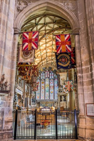 Photo for Canterbury,UK-May 20, 2023: Warrior's Chapel to the Glory of God and in Joyful Remembrance of Major General Valentine Boucher, with colours of Wales Princess Royal Regiment inside Canterbury Cathedral - Royalty Free Image