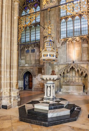 Photo for Canterbury, UK-May 20, 2023: Baptismal font inside Canterbury Cathedral, Kent. One of the oldest and famous Christian churches in UK. Its Archbishop is leader of the worldwide Anglican Communion - Royalty Free Image