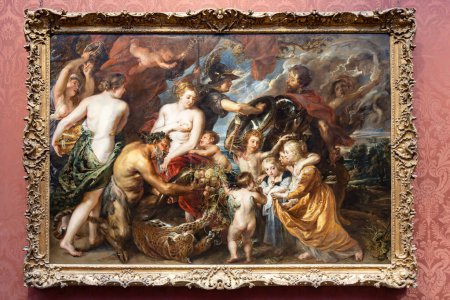 Téléchargez les photos : Londres, Royaume-Uni - 19 mai 2023 : Minerva protège Pax de Mars ou Paix et Guerre, une peinture de Peter Paul Rubens produite à Londres, exposée à la National Gallery, Londres, Royaume-Uni - en image libre de droit