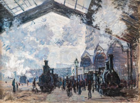 Foto de Londres, Reino Unido - 19 de mayo de 2023: The Gare St-Lazare por Claude Monet. Esta pintura es una de las doce vistas de la Gare Saint-Lazare que Monet pintó a principios de 1877. Expuesto en la National Gallery de Londres - Imagen libre de derechos