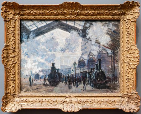 Photo for London, UK - May 19, 2023: The Gare St-Lazare by Claude Monet. This painting is one of a dozen views of the Gare Saint-Lazare that Monet painted in early 1877.  Exposed at National Gallery of London - Royalty Free Image