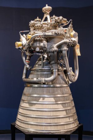 Photo for London, UK - May 19, 2023: A Liquid Fuel Rocket Engine RL-10A-1, the world's first operational liquid-hydrogen/liquid oxygen high energy rocket engine, exposed at Science Museum of London, England, UK - Royalty Free Image