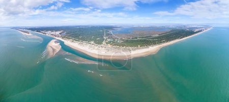 Aerial drone view of the beaches of Cartaya and Punta Umbria, with La Bota beach, El Portil, El Rompido, La Flecha, and Los Enebrales and the natural area Marismas del Odiel in the background