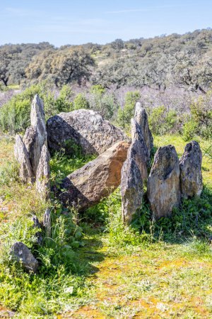 Monolith Nummer 3, der Teil des Gabrieles Dolmen Komplexes ist, in der Gemeinde Valverde del Camino, Provinz Huelva, Andalusien, Spanien