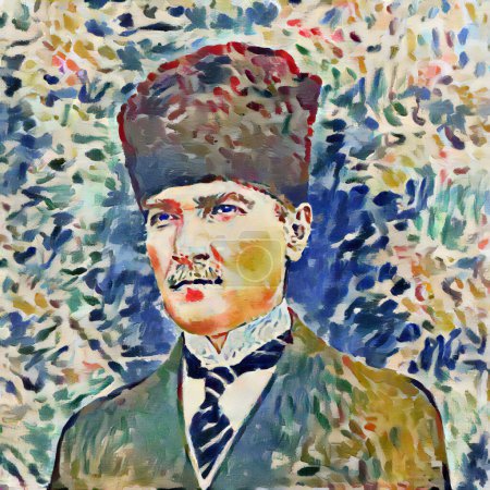 Téléchargez les photos : Illustration colorée du portrait de Mustafa Kemal Ataturk portant Calpac - en image libre de droit