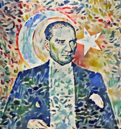 Photo for Colourful portrait illustration of Mustafa Kemal Ataturk with Turkish flag on the background - Royalty Free Image