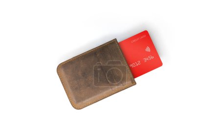 Téléchargez les photos : Carte de crédit rouge en cuir portefeuille compact isolé sur fond blanc - en image libre de droit