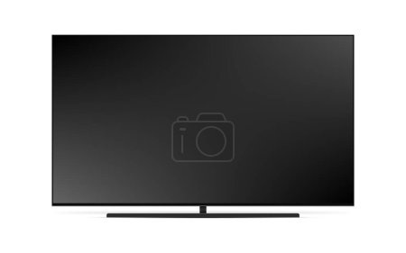 Realistische Darstellung des schwarzen Fernsehers mit Stativ. 4K-Flachbildschirm lcd oder oled, Plasma