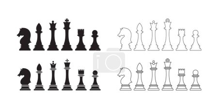 Téléchargez les illustrations : Jeu d'icônes d'échecs. pièces d'échecs linéaires et noires. Illustration vectorielle - en licence libre de droit