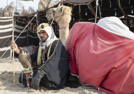 Foto de Hombre beduino con su halcón y camello descansando frente a su tienda - Imagen libre de derechos