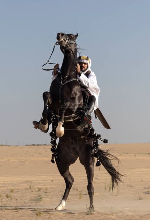 Téléchargez les photos : Arabe saoudien chevauchant son étalon noir dans un désert - en image libre de droit