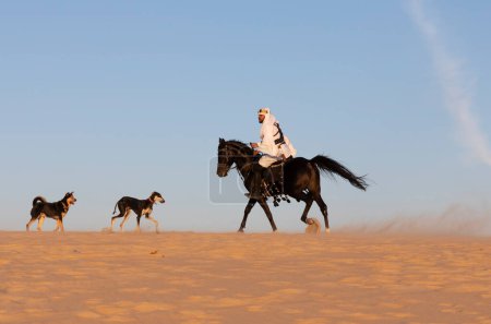 Photo for Man in traditional Saudi Arabian clothing in a desert with a black stallion and dogs - Royalty Free Image