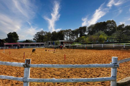 Téléchargez les photos : Riding training equipments, a horse, people silhouettes  on training track in a horse farm with trees and clouds sky view. Wide angle view of equestrian training track in a horse farm. - en image libre de droit