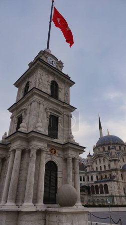 Photo for Istanbul Turkey 02.22.2023 Nusretiye Mosque and Tophane Clock Tower situated in Tophane, a neighborhood in Beyolu district of Istanbul, Turkey - Royalty Free Image
