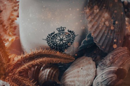Photo for Vintage nautical background image with seashells, dried starfish and marine objects - Royalty Free Image