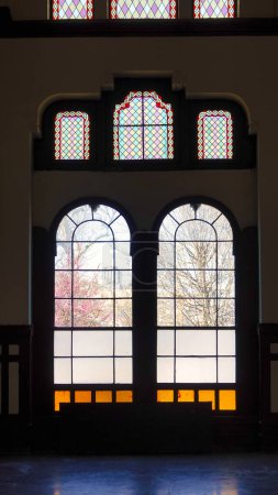 Photo for Istanbul, Turkey April 08, 2023 Beautiful stained glass windows inside a waiting room at Sirkeci train station, once the terminus of the Orient Express, Istanbul, Turkey. - Royalty Free Image