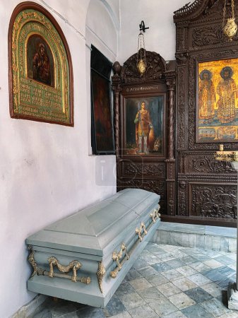 Photo for Istanbul, Turkey April 19, 2023 Interior view of Independent Turkish Orthodox Church in Istanbul with antique church furniture and metal coffin - Royalty Free Image