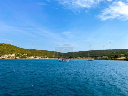 Panoramic view of the coast of Sigacik with lightghouse in Seferihisar Izmir, Turkey