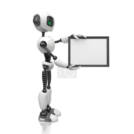 Téléchargez les photos : Un robot humanoïde tient une feuille blanche vierge dans un cadre noir sur un fond blanc. Concept futur avec robotique intelligente et intelligence artificielle. Illustration 3D avec espace de copie. - en image libre de droit