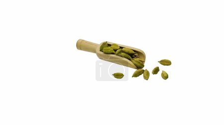 Wooden scoop filled with Organic Cardamom or Elettaria cardamomum. Isolated on a white background.
