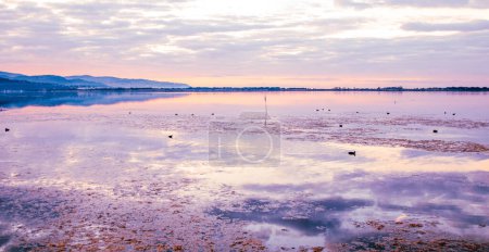 Photo for Landscape of Orbetello Lagoon at sunset,  the most important lagoon of the Tiyrrhenian sea and natural reserve in the Grosseto province, Tuscany, Italy - Royalty Free Image