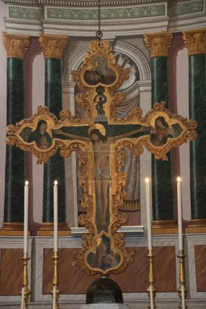 Photo for Wooden cross depicted on both sides by Pietro Ruzzolone in 1484  in the cathedral of Termini Imerese, Palermo privince, Sicily - Royalty Free Image