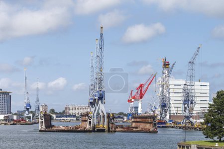Photo for Container ships and container ship cranes in port of Rotterdam, Netherlands - Royalty Free Image
