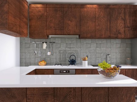Foto de Diseño de cocina 3d render, ilustración 3d - Imagen libre de derechos
