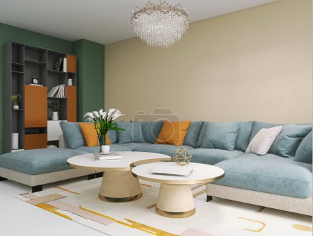 Téléchargez les photos : Living room interior 3d render, 3d illustration - en image libre de droit
