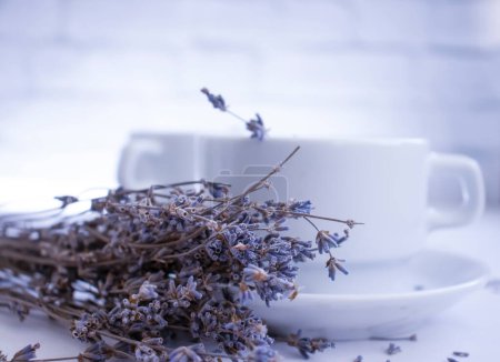 Photo for Coffee with lavender on a light background - Royalty Free Image