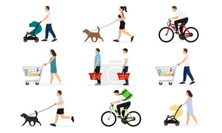 People Walking With Baby Strollers, Running With Dogs, Riding Bicycles, Standing in Line With Grocery Cart, Running. Men and Women Lifestyle Activities. Vector Illustration