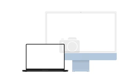 Moderno PC Mockups con pantallas en blanco: Monitor azul y portátil negro. Ilustración vectorial