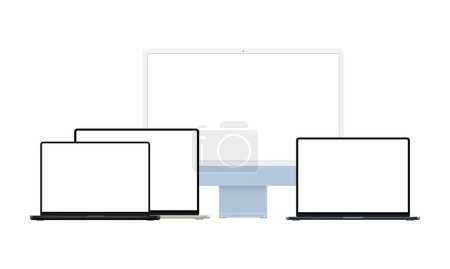 Conjunto de dispositivos modernos Mockups con pantallas en blanco. Monitor azul y portátiles. Ilustración vectorial