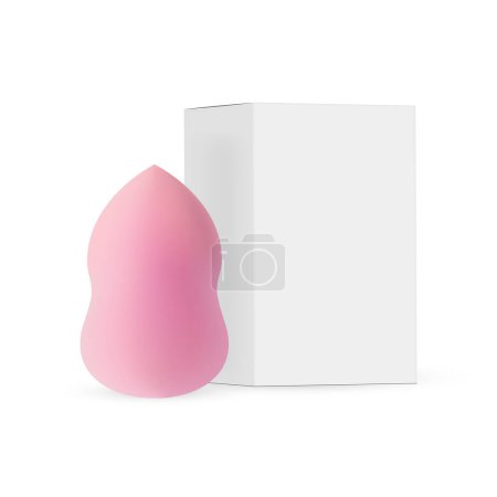 Esponja cosmética rosa con caja de embalaje, aislada sobre fondo blanco. Ilustración vectorial
