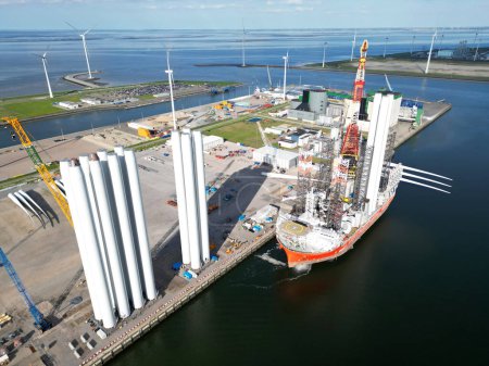 A transport ship for the construction of an offshore windpark in the North Sea, The Netherlands