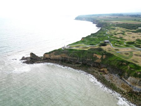 Aerial view of bunkers and bomb craters at pointe du Hoc, France