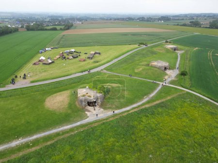 Aerial view of ww2 bunkers near Arromanches-les-Bains, France