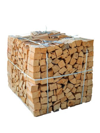 Stacked firewood lashed on a pallet isolated on white.