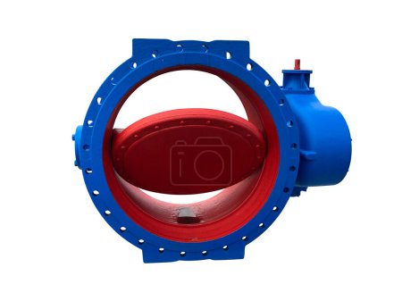 Frontal view of a blue pipe flap from the pipe network construction in the dimension 1000 mm isolated on white.