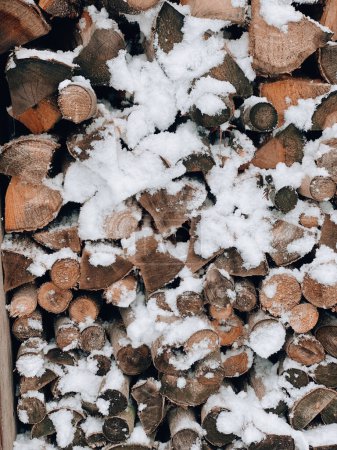 Téléchargez les photos : Bois de chauffage empilé en hiver. Pile coupée de bois de chauffage sous la neige. Une pile de bois de chauffage. Préparation du bois de chauffage pour l'hiver - en image libre de droit