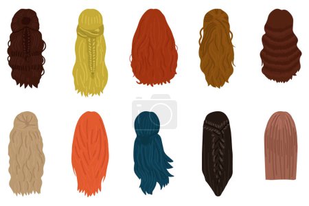 Foto de Concepto de peinado de las mujeres. Colección con pelucas naturales y hermosos peinados. Ilustración vista posterior - Imagen libre de derechos