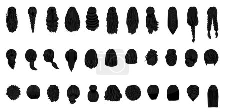 Foto de Concepto de peinado de las mujeres. Colección de iconos con pelucas naturales y hermosos peinados. Ilustración de vista posterior. Color negro - Imagen libre de derechos
