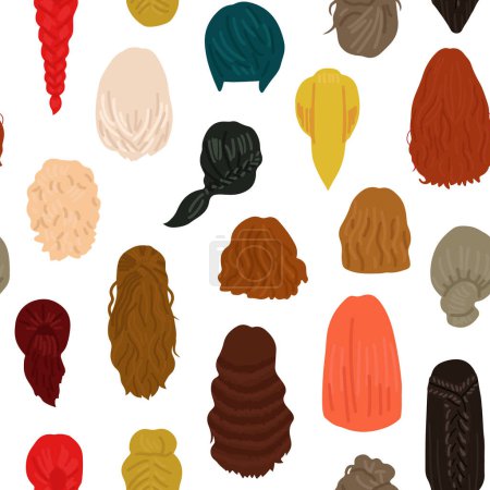 Foto de Concepto de peinado de las mujeres. Patrón sin costuras con pelucas naturales y hermosos peinados. Ilustración vista posterior - Imagen libre de derechos