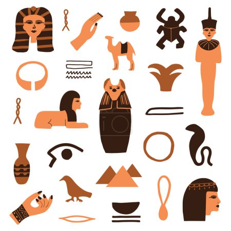Ilustración de Iconos del Antiguo Egipto con esculturas antiguas y jeroglíficos. Textura antigua abstracta de moda. Ilustración vectorial plana coloreada. - Imagen libre de derechos