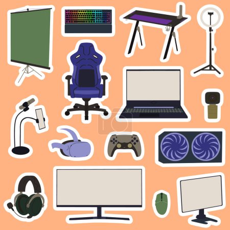 Illustration for Stickers collection with game streamer elements. Digital equipment for play or work. Concept cyberspace technology. Pc, monitor, mouse, controller. Professional device set. Vector illustration - Royalty Free Image