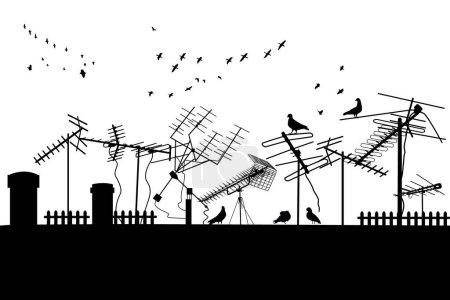 Illustration for Silhouettes of roof with antennas isolated on white background. Different television receiver aerials on housetop. City, rooftop, old antennas and birds. Roof of building with tv antennas, chimneys and pigeon silhouettes. Stock vector illustration - Royalty Free Image