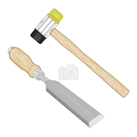 Illustration for Chisel and mallet isolated on white background. Rubber hammer and chisel with wooden handle. Woodwork and carpentry hand tools set. Joinery instrument. Wood carving equipment. Stock vector illustration - Royalty Free Image