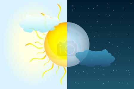 Half sun and half moon as vernal or autumnal equinox day concept. Day and night with lunar and sun. Earth seasons. Annual seasonal. Weather forecast background. International Astrology Day. Stock vector illustration