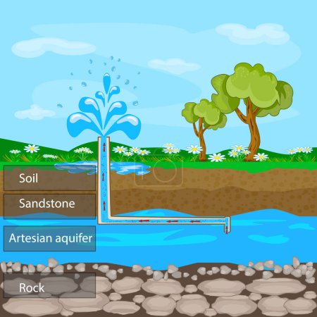 Illustration for Artesian aquifer. Layers of ground with soil, sandstone and groundwater. Underground water resources. Fountain from groundwater. Geyser comping out of ground. Water extraction. Artesian water and soil layers. Stock vector illustration - Royalty Free Image